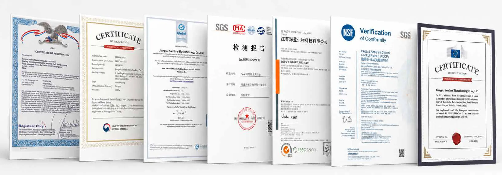 江苏深蓝生物科技持有的七项国际认证证书与检测报告