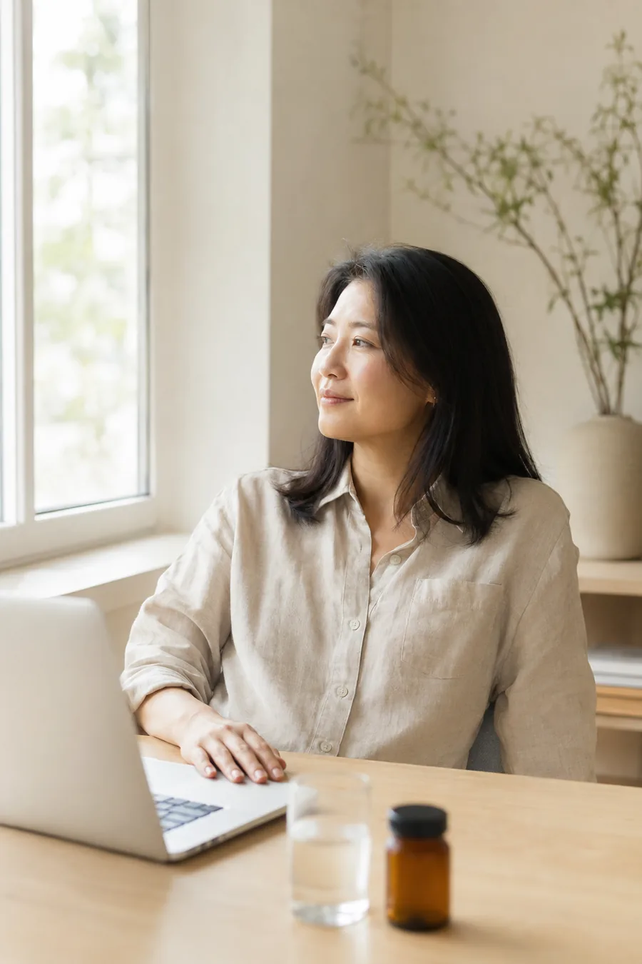 伏案工作间隙望向窗外的年轻女性