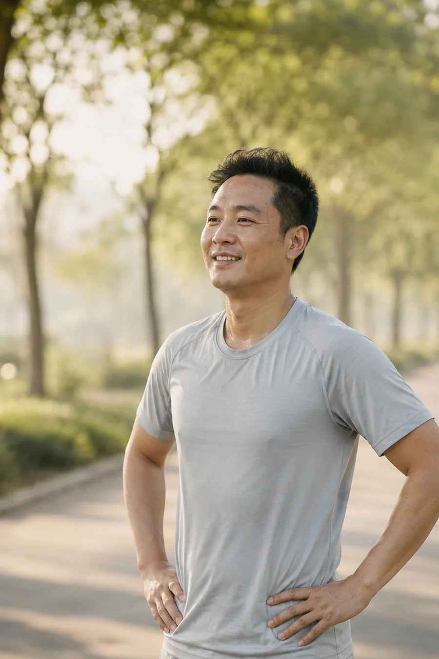 晨跑结束后在林荫道上稍作休息的男性